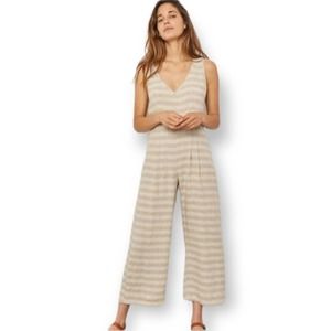 Christy Dawn Natural Beige Striped Sleeveless V-Neck Wide Leg Linen Jumpsuit, L